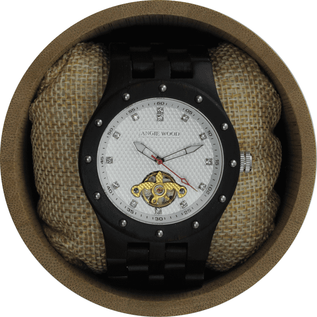 Angie Wood Creations Ebony Men’s Self-Winding Watch With Textured White Dial
