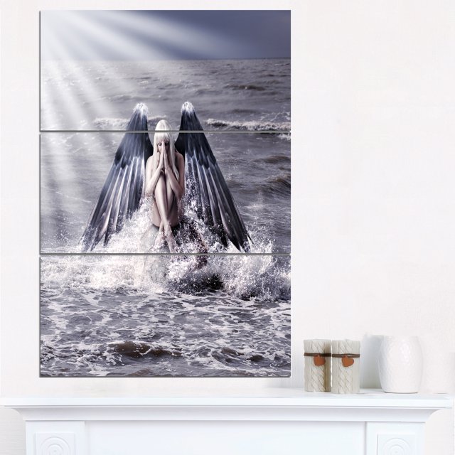 Woman with Dark Angel Wings Modern Beach