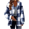 thumbnail image 2 of Fartey Plus Size Womens Plaid Fleece Shacket Jacket Oversized Flannel Button Down Fall Hoodie Jackets with Drawstring Warm Winter Coats Blue S, 2 of 8