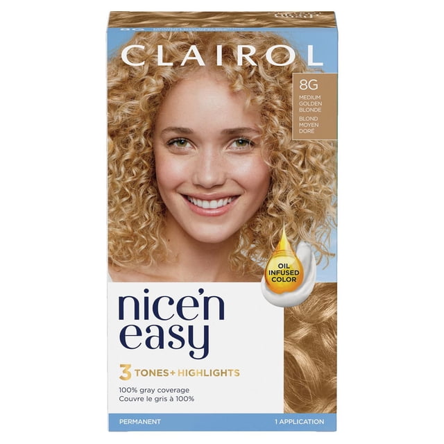 Clairol Nice'n Easy Permanent Hair Dye box in 8G Medium Golden Blonde shade featuring 3 tones and highlights for natural-looking color, 100% gray coverage, oil-infused formula, and one application kit.