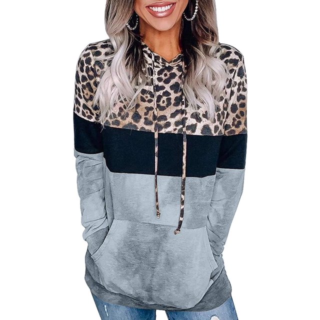 Womens Color Block Leopard Camo Patchwork Hoodie Sweatshirt Drawstring Pullover Tops with Pocket