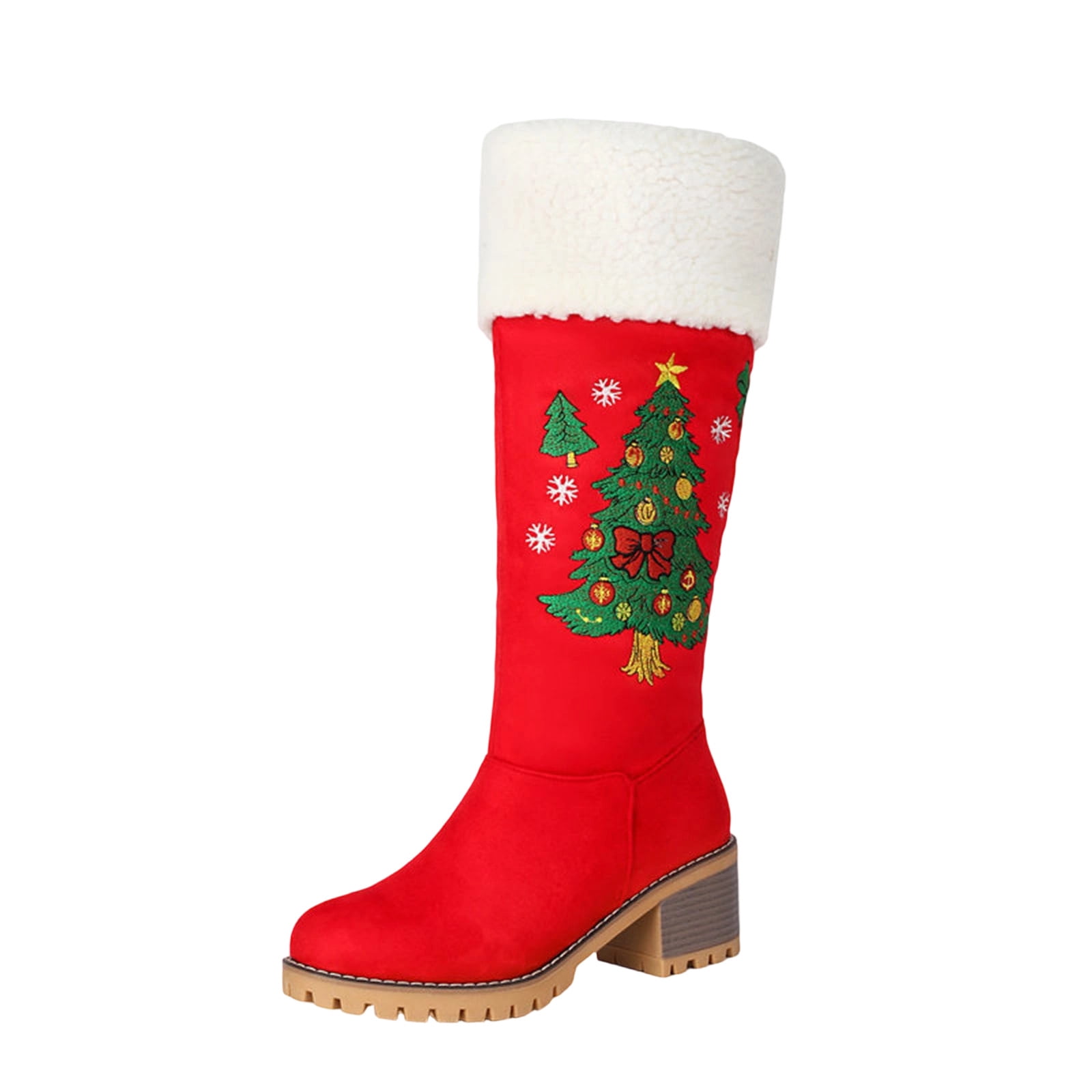 RXMEKW Christmas Boots for Women with Embroidered Tree Design, Red