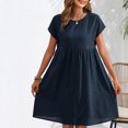 thumbnail image 2 of Tumotour Robes d'Été pour Femmes Ligne A Col Rond Longueur Genou Robe Décontractée Couleur Unie Manches Courtes Plissée Robe de Vacances Coupe Ample Robe Fluide pour Plage Sortie Boîte de Nuit Fête Rendez-Vous, 2 of 5