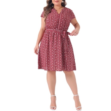 GRACE & GRANDEUR Robe d'Été pour Femme Grande Taille à Manches Courtes, Col en V, Midi à Fleurs 4X Rouge