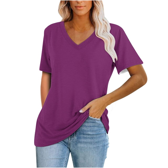 Timegard Womens Summer Tops Short Sleeve V-Neck Solid Color Comfy Basic Tee Casual Loose Shirts Tops Blouse
