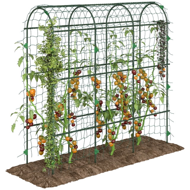 Outsunny Garden Trellis for Climbing Plants Outdoor, 6ft Tall. A green metal trellis with an arched design, featuring a net for climbing support. The trellis is shown with various climbing plants, including tomatoes and vines, growing vertically to maximize garden space. Made from steel covered in plastic for durability, it includes sharp bottom legs for easy soil insertion. Suitable for vertical plant growth, supporting squash, pumpkins, melons, peas, tomatoes, grapes, and pole beans.