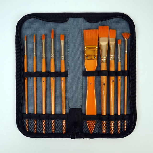 North Shore paint brush set containing eleven gold taklon brushes in various shapes and sizes, organized in a gray zippered pouch with black elastic bands, designed for acrylic, oil, and watercolor painting on canvas, wood, and glass, suitable for students, teachers, and artists.