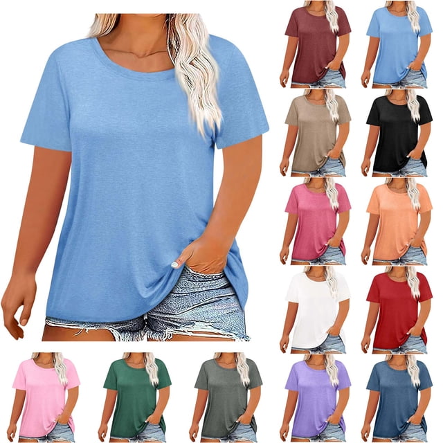 DDAPJ pyju T-shirts pour Femmes Grande Taille Unis Basiques d'Été Col Rond Manches Courtes Hauts Tee Unis Décontractés Blouse d'Entraînement en Solde Blanc TTTG