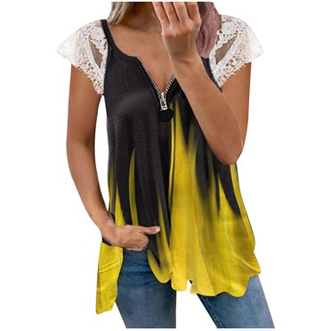 Leutsin T-shirt pour Femmes à Col en V, en Dentelle Teinture sur Nœuds Imprimée, à Manches Courtes, avec Fermeture Éclair au Cou