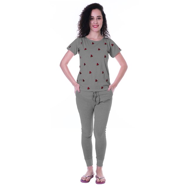 Moomaya Nightwear Set Watermelon Embroidery Slimfit Pyjamas Sleepwear 2 Pcs Set
