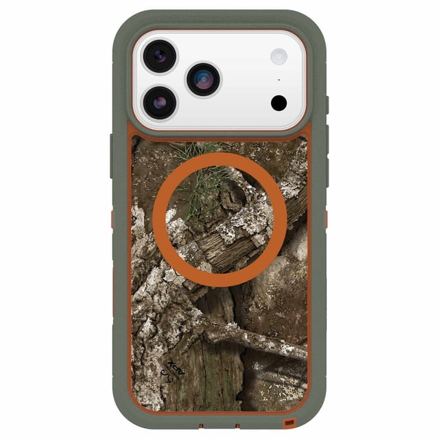 OtterBox Defender Pro XT Clear MagSafe Case w/Camera Control Realtree Apx (Green) for iPhone 17 Pro Max with a clear back displaying Realtree Apx camouflage pattern of brown and gray bark and foliage, encased in a green dual-layer rubber frame with an orange MagSafe magnet ring, offering rugged protection and precise camera cutouts for triple lenses and flash.