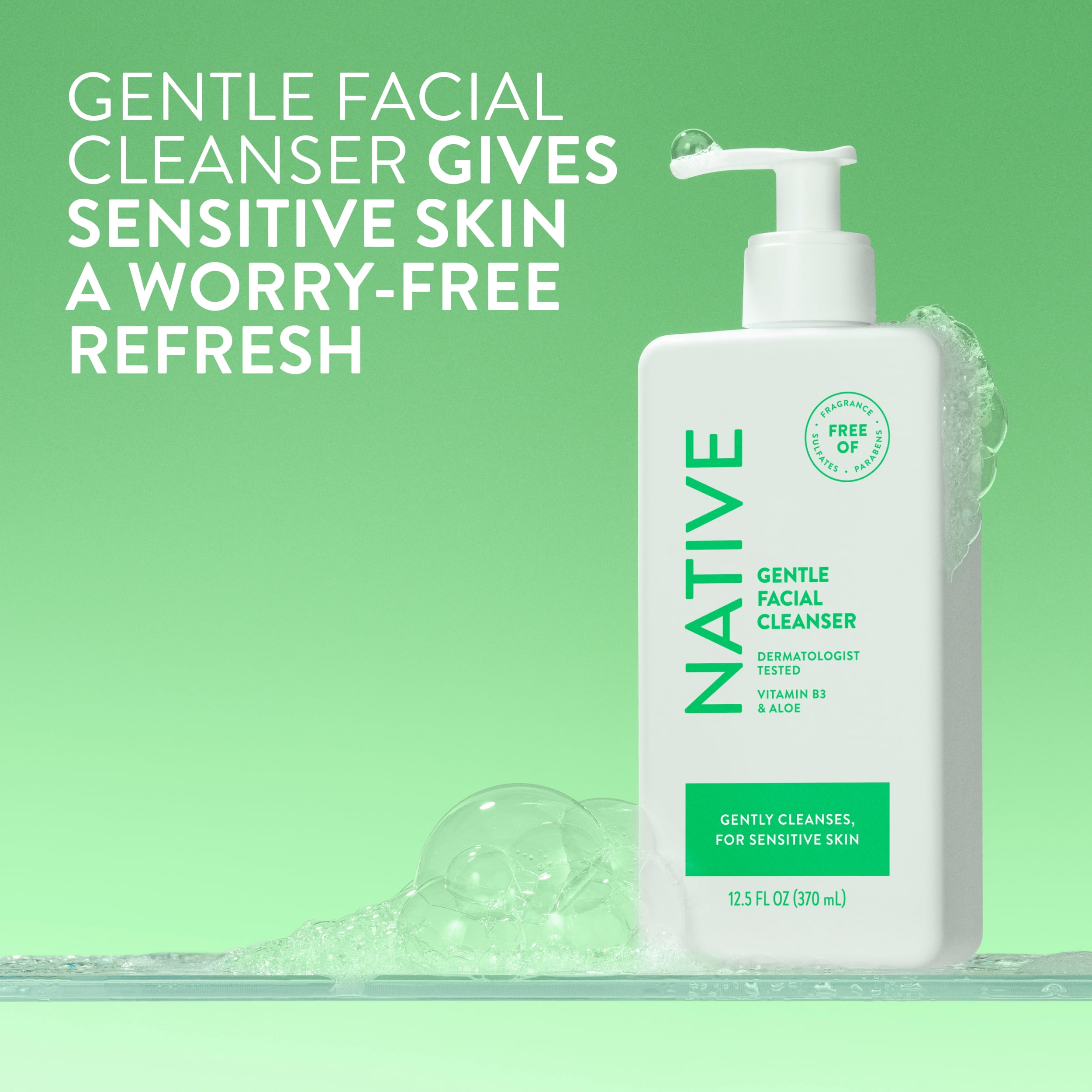 Nettoyant doux pour le visage Native pour peau sensible, sans parfum, sans sulfate, avec vitamine B3 et aloès, testé dermatologiquement, 370 mL
