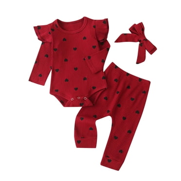 Baby Clothes 0-3 Months Toddler Baby Kids Girls Heart Print Ruffle Romper Pants Headband Clothes Suit Baby Girl Clothes 3-6 Months 12-18 Month Girl Clothes Baby Pants 0-3 Months