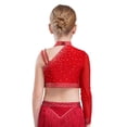thumbnail image 2 of Manyakai Kids Girls Shiny Rhinestone Jazz Latin Modern Lyrical Dance Crop Tops Irregular Shoulder Red 6, 2 of 7