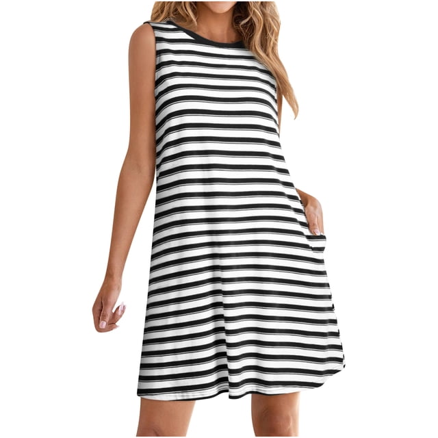 yoeyez Robes d'Été pour Femmes 2025 Grande Taille Décontractées à Rayures Débardeur Mini Robe d'Été Col Rond Coupe Ample Sans Manches Robe de Vacances Plage avec Poches Noir,m