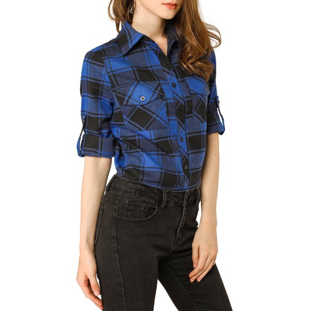 INSPIRE CHIC Chemise à Carreaux pour Femmes Manches Retroussables Poches à Rabat Brossée Noir Bleu TP