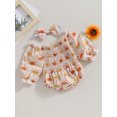 thumbnail image 3 of Faithtur Infant Baby Girl Spring Jumpsuit Set Cartoon Sun Print Off Shoulder Long Sleeve Romper + Bow Headband, 3 of 9