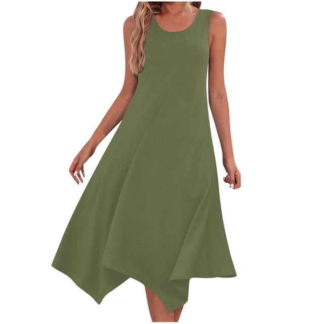 UPPADA Robe Maxi Débardeur à Ourlet en Pointe pour Femme, Été, Coupe Ample, Sans Manches, Col Ras du Cou, Robe d'Été Décontractée à Volants, Ligne A, Style Bohème, Liquidation, Vert Armée, m
