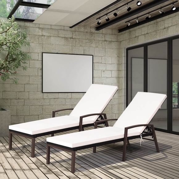 Costway Set of 2 Patio Rattan Chaise Lounge Chair Outdoor Reclining Chaise Sun Lounger