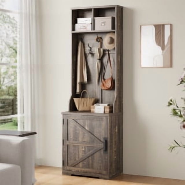 77" Freestanding Entryway Hall Tree with Shoe Storage, Space-Saving Coat Rack Featuring 5 Hooks, 2 Open Cubbies and Shoe Cabinet for Hallway, Living Room and Mudroom, White/Brown