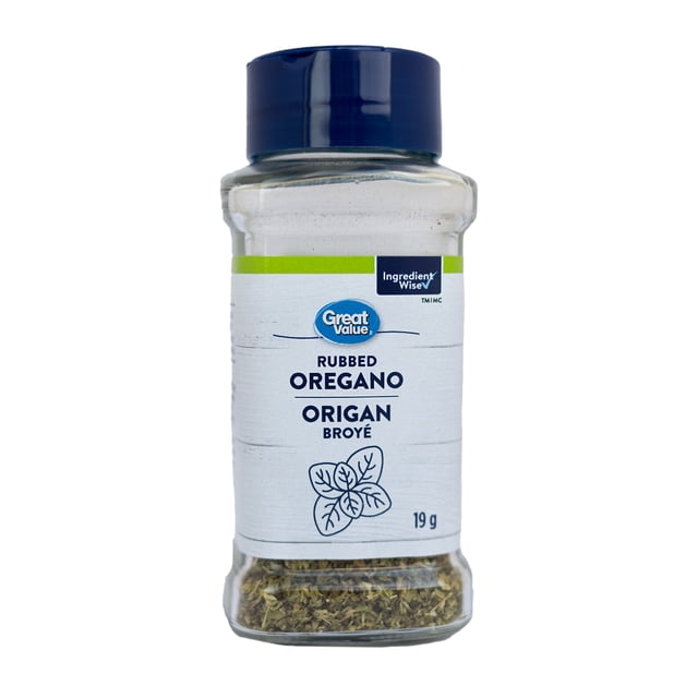 Great Value Rubbed Oregano 19g in a clear plastic bottle with a blue cap and white label, containing dried oregano leaves, suitable for seasoning pasta, lasagna, and Mediterranean dishes, and often used to enhance stews and casseroles.