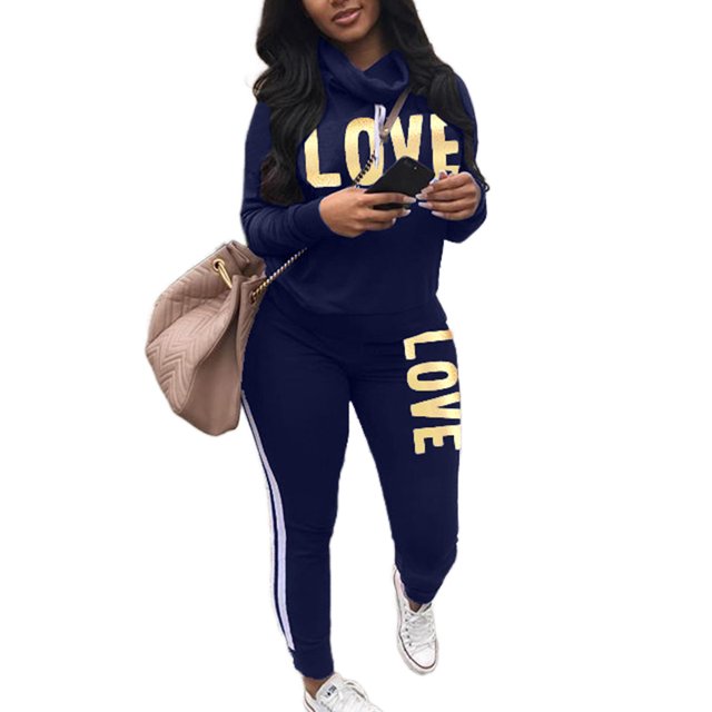 Innerwin Jogger Set Draped Neck Ladies Two Piece Outfit Sports Long Sleeve Loose Fit Sweatsuits Colorful Blue XL