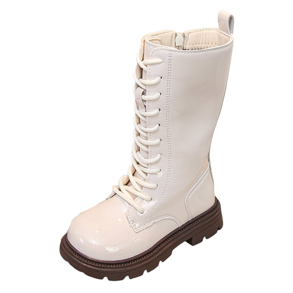 Yammkia Tall White Boots for Girls Knee High Boots for Girls Lace Up Side Zipper Boot Combat Boots Leather Non Slip Boot Lug Sole Chunky Heels Shoes Size 2.5 (White,Big Kids 2.5)