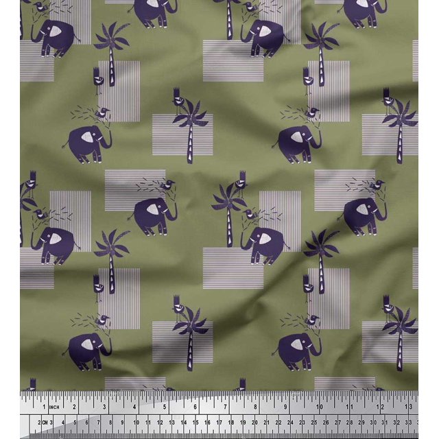 Soimoi Velvet Fabric Bird,Coconut Tree & Elephant Kids Printed Craft Fabric by The Yard 58 Inch Wide