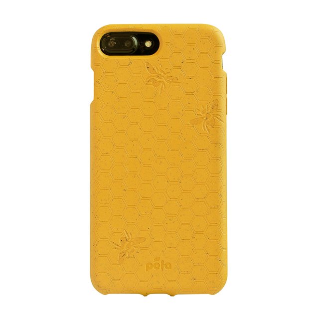 Pela Compostable Eco-Friendly Case for Apple iPhone 6/6S, iPhone 7, iPhone 8 in yellow. The case features a honeycomb pattern with engraved bees, designed in collaboration with artist Sarah Mitchell. Made from Flaxstic®, it is 100% compostable, biodegradable, BPA-free, and child-safe. Precision cuts ensure access to speakers, charger, and buttons. Smooth, flexible, lightweight, and sustainable design.