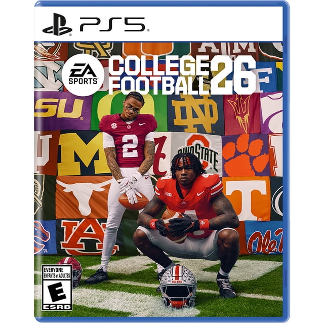 EA SPORTS™ College Football 26 (PS5) cover featuring two football players on a green field with white yard lines, one standing in a crimson number 2 jersey and the other crouching in an orange jersey holding a football, with a backdrop of various college football team logos including Ohio State, Notre Dame, and Clemson.