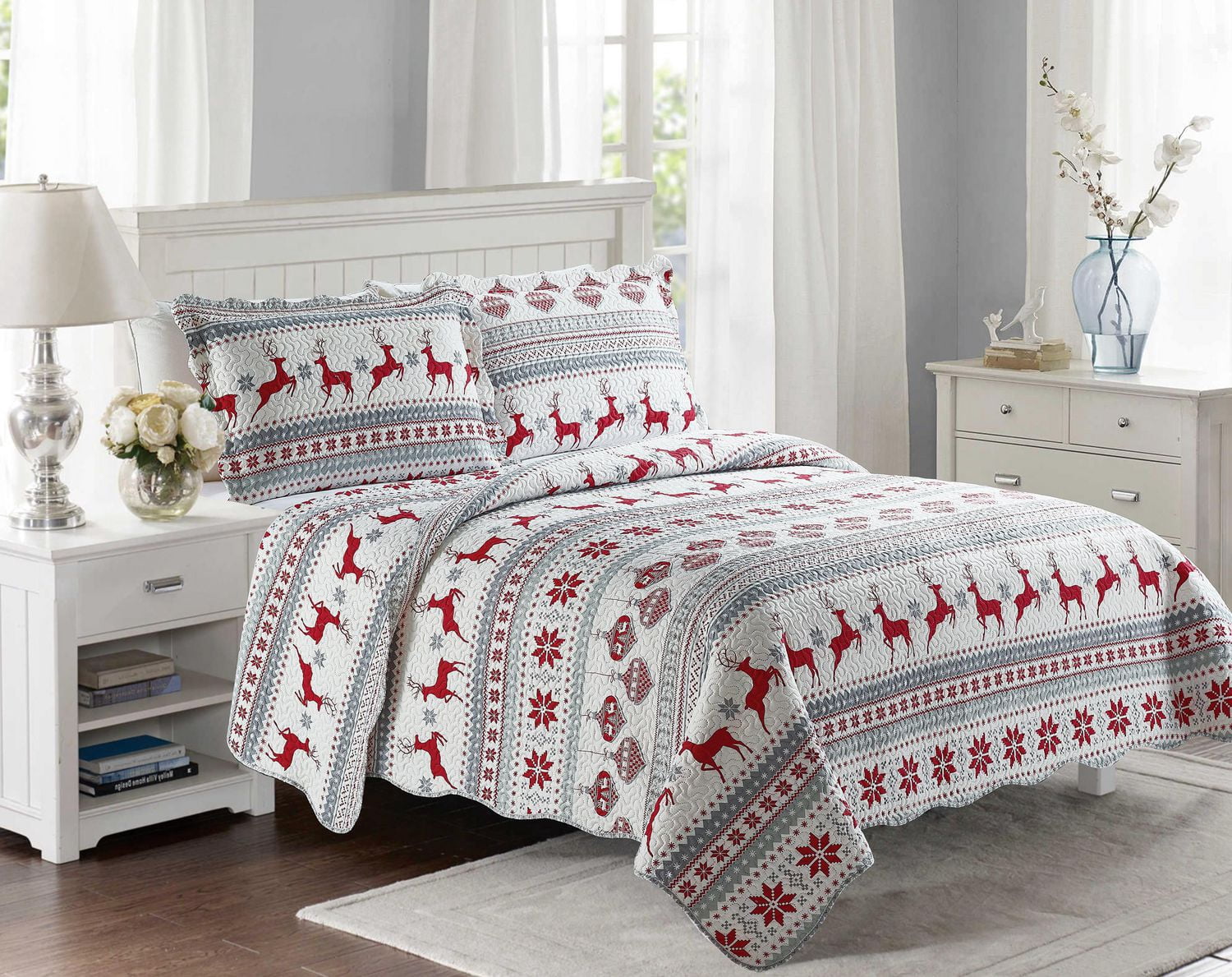 Marina Decoration Rich Printed Embossed Pinsonic Coverlet Bedspread Ultra Soft Bedding Summer Christmas Quilt Set with Shams, Xmas Deer Pattern