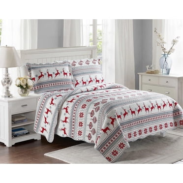 Marina Decoration Rich Printed Embossed Pinsonic Coverlet Bedspread Ultra Soft Bedding Summer Christmas Quilt Set with Shams, Xmas Deer Pattern