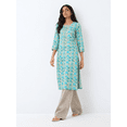 thumbnail image 4 of DWEEP SARA Women’s Turquoise Blue Viscose Rayon Ethnic Motifs Straight Kurta S/36 Shirt Collar 3/4 Sleeves Printed Tunic Top, 4 of 8