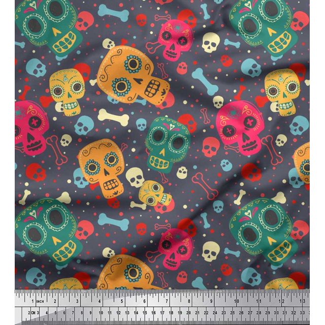 Soimoi Moss Georgette Fabric Dot,Bone & Skull Print Fabric by The Yard 42 Inch Wide