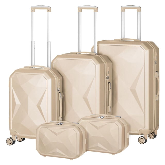 HIKOLAYAE Upright Luggage with 8-Wheel Spinner, 5 Piece - TSA Compliant beige ABS hard-shell luggage set including three upright suitcases sized 20, 24, and 28 inches with telescoping handles, 360-degree spinner wheels, TSA combination locks, and carbon fiber textured surface, plus two smaller 12 and 14 inch cases suitable for varied travel needs.