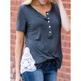thumbnail image 3 of Women Buttons Side Hem Lace Crochet Stitching Crew Neck Short Sleeves Shirt, 3 of 4