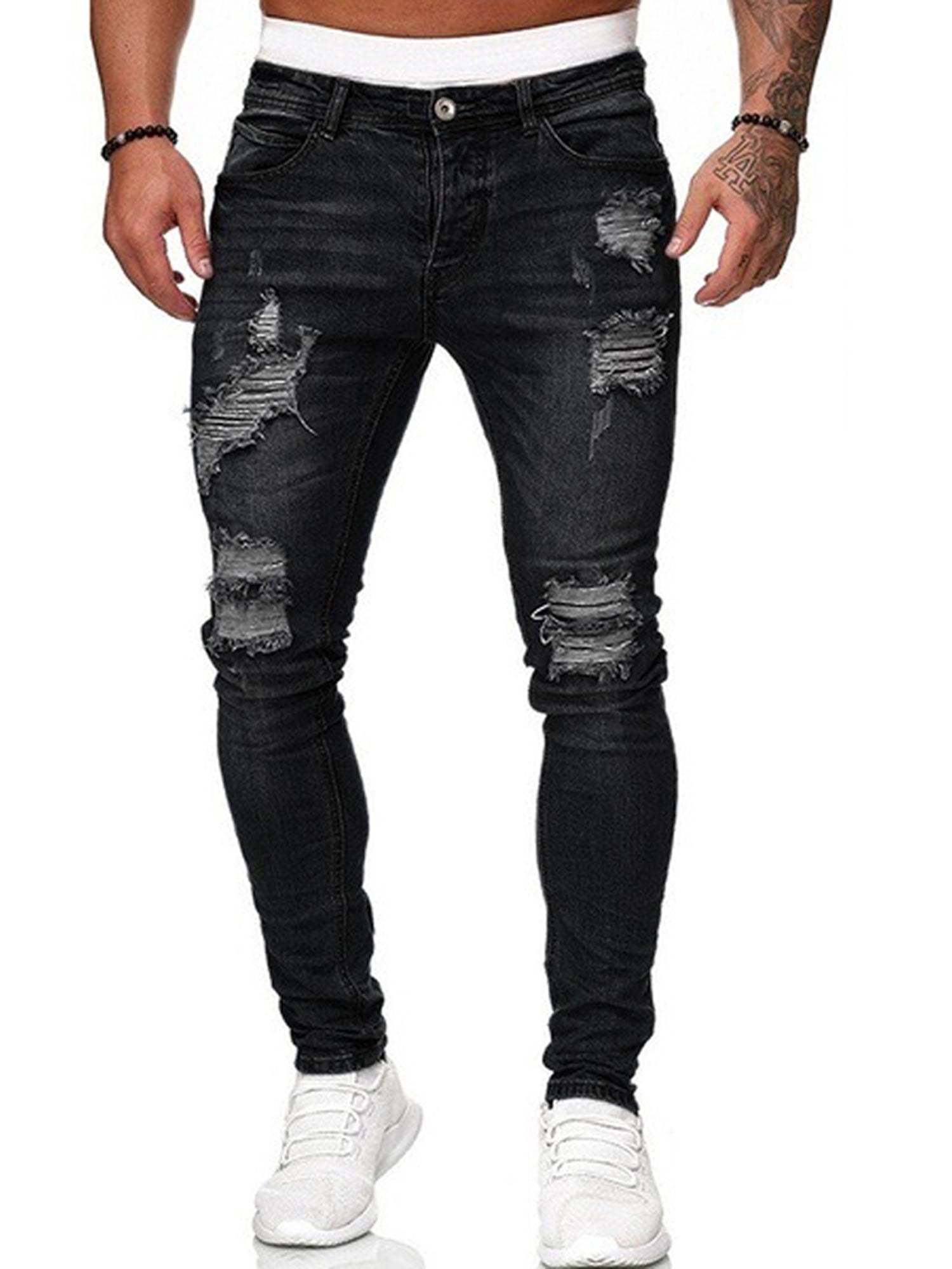 FOCUSNORM Men Casual Ripped Hole Jeans, Middle Waist Pencil Denim Trousers