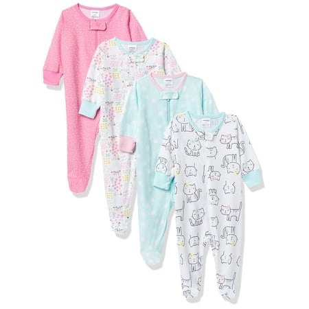 Grenouillères Marque Bébés Filles Lot de 4 Dormeuses et Jeu Pieds Paquet Multiple, Chats, 3-6 Mois