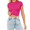 thumbnail image 2 of JIRNDf Hauts pour Femmes T-Shirts d'Été Tendance Mode Manches Courtes Mignon Court Basique Col Rond Coupe Ajustée Blouse pour Femmes Tunique Décontractée Hauts Rose Vif G, 2 of 5