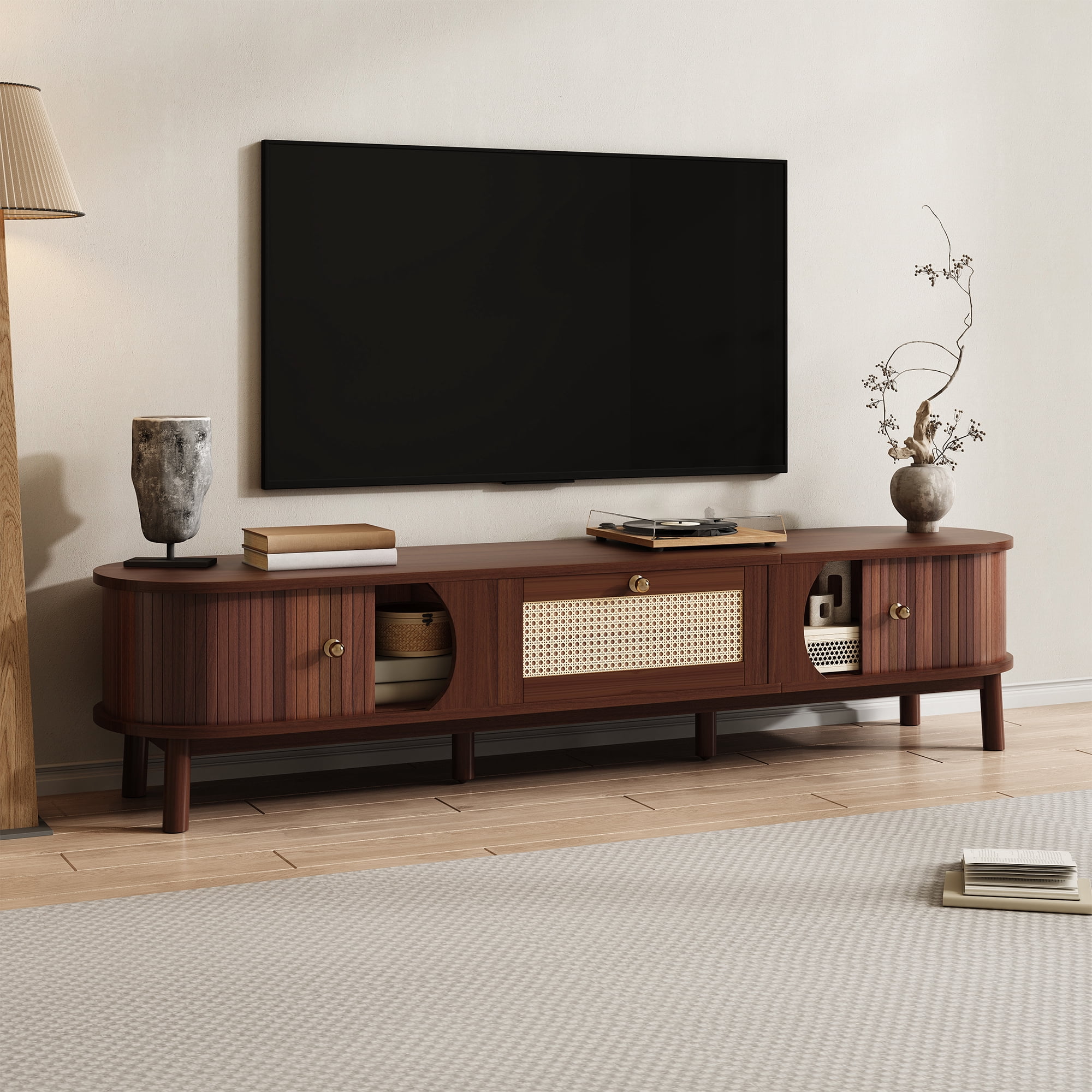 Noble House Meuble TV avec Portes à Lattes en Bambou et Tiroirs en Rotin, Solution de Rangement pour Console Multimédia Rustique, Naturel