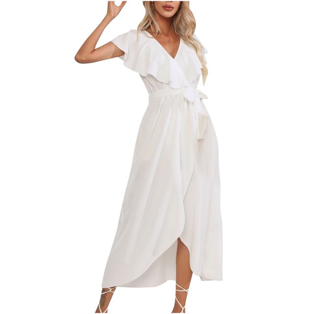 Yuyuzo Robe Bohème d'Été 2025 pour Femme Portefeuille à Col en V à Manches Courtes à Volants Robe Maxi de Plage Décontractée Fendue avec Ceinture Robe de Cocktail