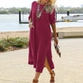 thumbnail image 1 of SMihono Robe Maxi Bohème d'Été pour Femmes Grande Taille Mode d'Été pour Femmes Couleur Unie Col Rond Manches Mi-Longues Robe en Coton Lin Robe de Plage, 1 of 8