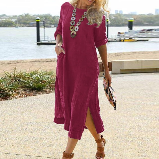SMihono Robe Maxi Bohème d'Été pour Femmes Grande Taille Mode d'Été pour Femmes Couleur Unie Col Rond Manches Mi-Longues Robe en Coton Lin Robe de Plage