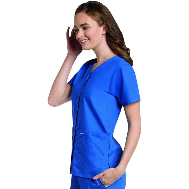 Landau Essentials Haut d'Uniforme à Boutons-Pression pour Femme, Coupe Classique Décontractée, Col en V, 4 Poches