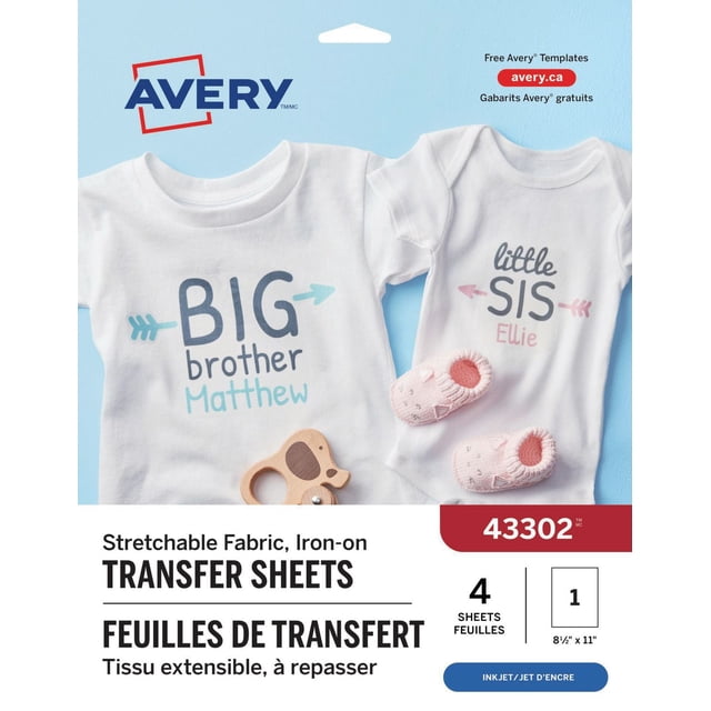 Avery Stretchable T-Shirt Transfers, 11" x 8 ½", for Inkjet Printers, package displaying iron-on transfer sheets with 'Big brother Matthew' and 'little sis Ellie' designs on white stretchable fabric shirts, ideal for customizing T-shirts, tank tops, and bags, includes 4 sheets.