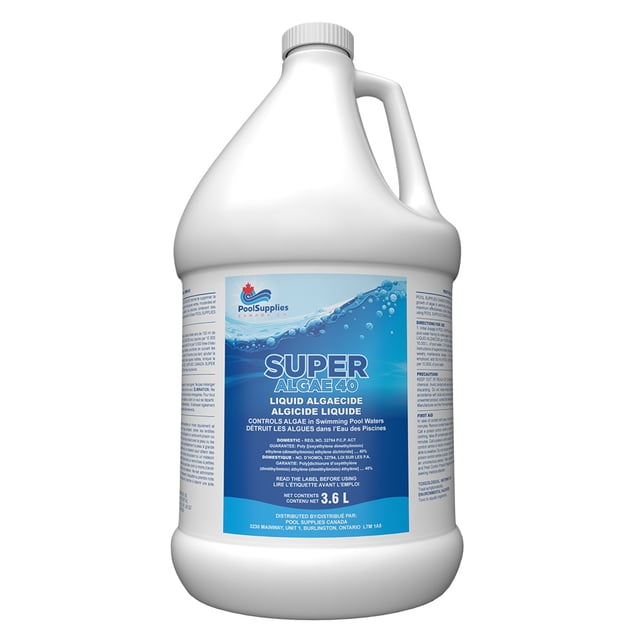 Super Algae 40 Algaecide (3.6 L) by Pool Supplies Canada, a 40% concentrated, non-foaming algaecide designed for swimming pool algae control. The white plastic bottle features a blue label with product details and usage instructions. Ideal for weekly maintenance or treating visible algae in pools.