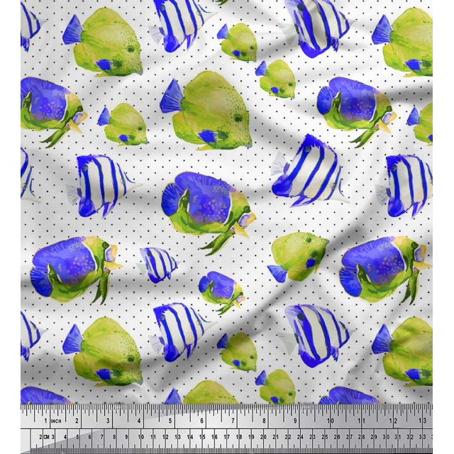 Soimoi Poly Georgette Fabric Dot & Fish Ocean Fabric Prints by Yard 52 Inch Wide