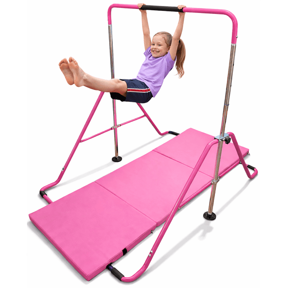 Gymnastics Bar for Kids, Adjustable Kip Bar with Safety Mat, Foldable Gymnastics Training Bar for Home, Expandable Horizontal Bar for Kids & Toddlers, Stable Kids Gym Equipment, Pink