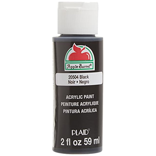 Apple Barrel Colors Matte Acrylic Craft Paint 2 fl. oz. black bottle with white ribbed cap, featuring the Apple Barrel red apple logo and multilingual label, suitable for basecoating, stenciling, and crafting on wood, paper, canvas, and more.