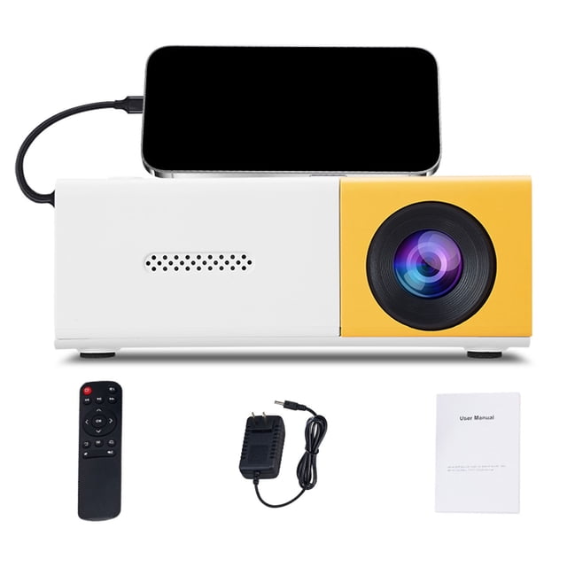 Mini HD Portable Projector with Auto Keystone Correction, featuring a compact white and yellow design, built-in speaker, and wireless connectivity. Includes a remote control, power adapter, and user manual. Supports 1080P resolution for indoor and outdoor movies, gaming, and presentations.